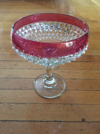 CRYSTAL PEDESTAL BOWL with Cranberry Red Trim-Vintage