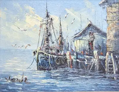 Signed A.E. Wrench Vtg Framed Oil-On-Canvas Ship Harbor Painting, View more
