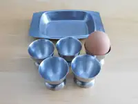 Vintage MCM Set of 5 Stainless Steel Egg Cups and Dish