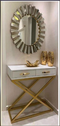 Metal Base Console Table with Wooden Top & Mirror, Storage Space