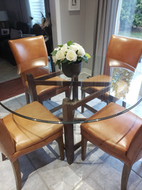 Genuine leather chairs and glass table 