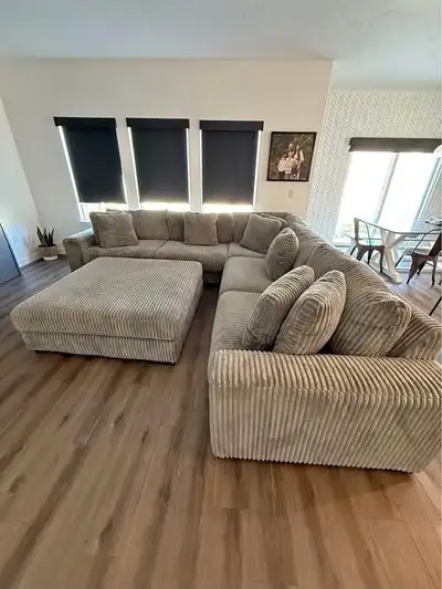 Beige Corduroy Sectional with Ottoman Now on Sale , View more