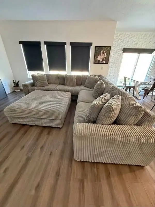 Beige Corduroy Sectional with Ottoman Now on Sale  in Couches & Futons in Kingston - Image 2