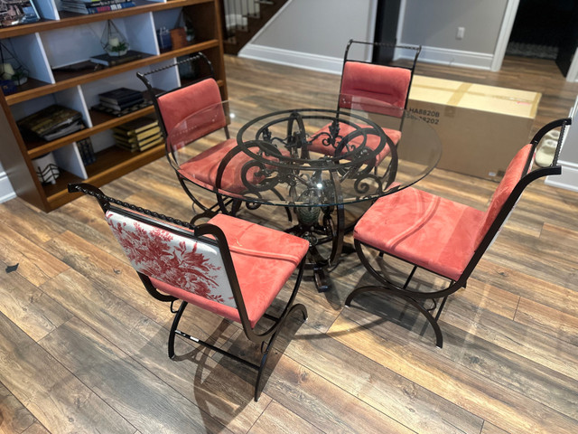 Luxury 5 Piece wrought iron glass top table and 4 chairs.  in Dining Tables & Sets in Markham / York Region
