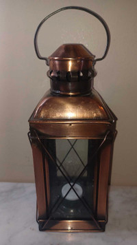 11"T Vintage Copper Lantern w Handle Tealight Insert from bottom