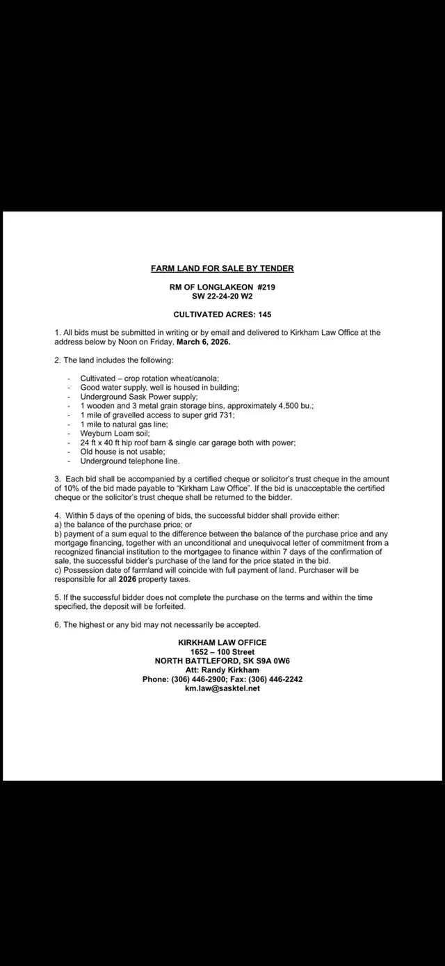 Farm land For Sale By Tender RM Longlaketon #219