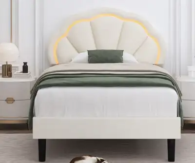 Velvet Upholstere Platform Twin Bedframe w/ LED light headboard, View more