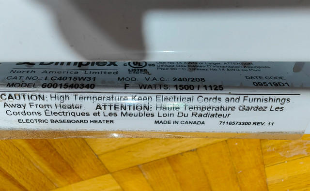 Electric baseboard heater 1500W for sale dans Appareils électroniques  à Ville de Montréal - Image 2