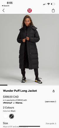 Lululemon Wunder puff long jacket parka size 6