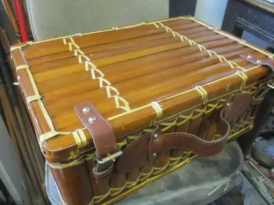 VINTAGE CANE BAMBOO PICNIC TRAVEL BASKET SUITCASE DECOR $20, View more