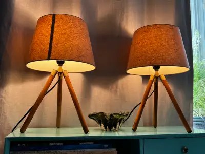 Stylish Pair of Modern Wooden Tripod Lamps, View more