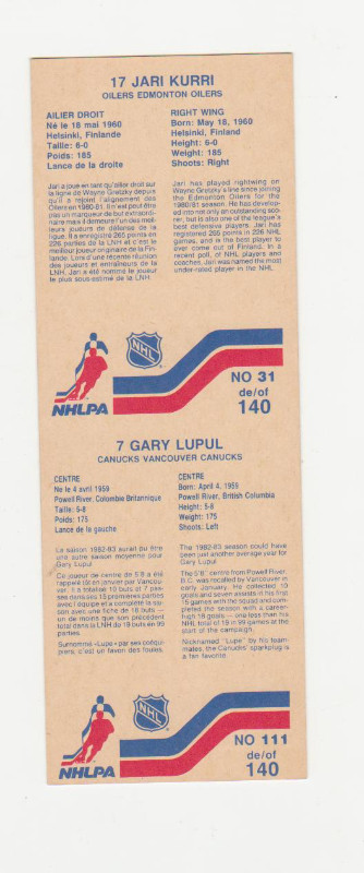 Carte Hockey 1983 Vachon Jari Kurri & Gary Lupul NON COUPÉ (A651 dans Art et objets de collection  à Laval/Rive Nord - Image 2