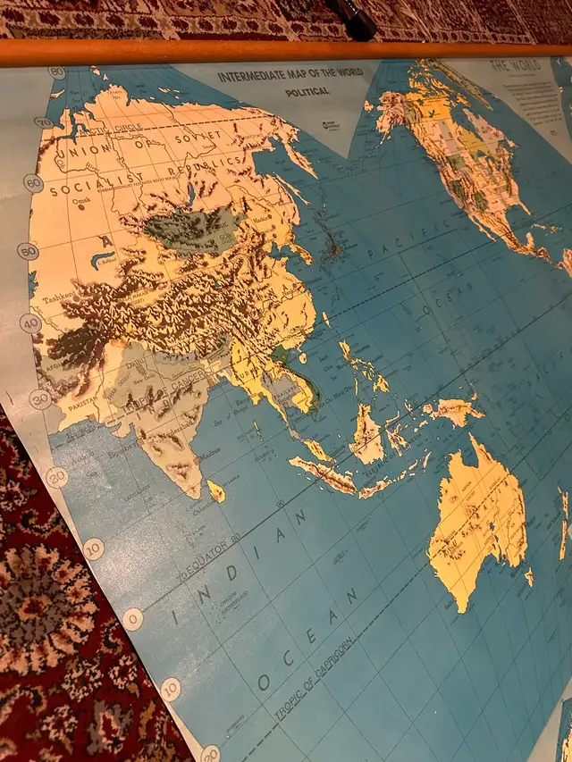 antique 60s WORLD MAP school classroom roll up poster63005666199041124
