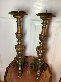 Ant/Vt Lg 3 Sided Gilded Bronze Church Candle Holders Claw Feet