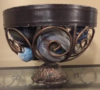 Includes Peacock feather decorative balls. Bowl 9" H x 12" W