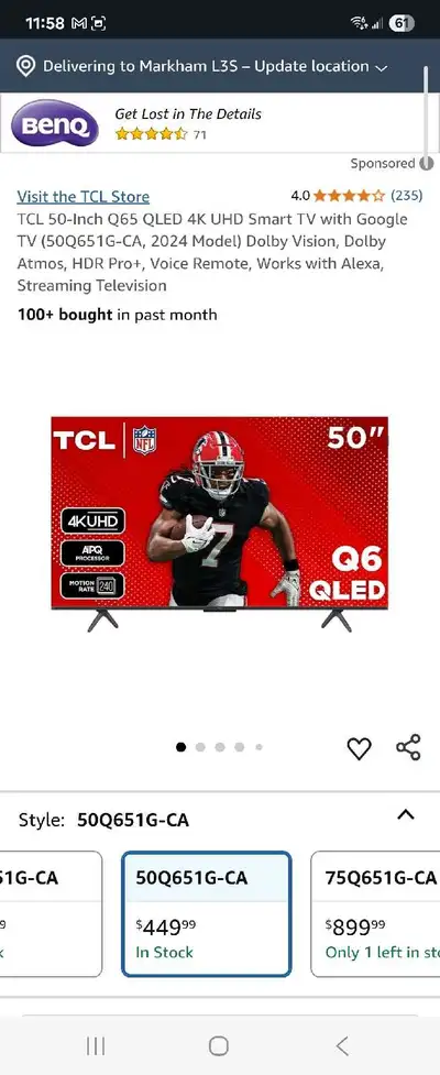 (2024) 50" Q65 QLED 4K UHD Smart TV  with Google TV $310 - $330, View more