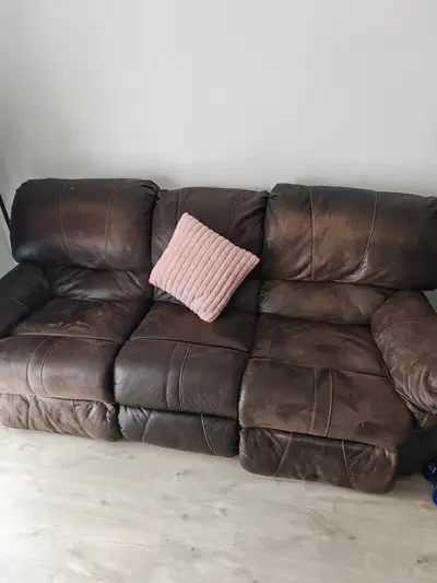 Moving Sale! Brown Leather Reclining Sofa/Couch - 3 Seater, View more