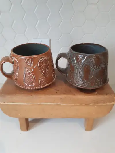 Handmade Round Bottom Textured Pottery Mugs Signed, View more