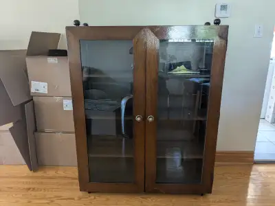 Antique Wood Display Storage Cabinet with Glass Doors  , View more