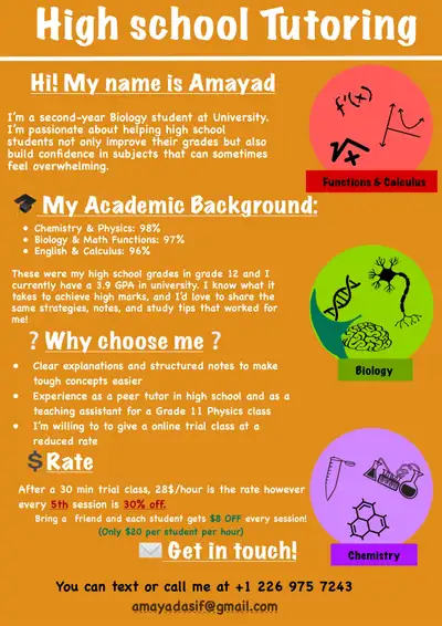 High School grade 9-12 tutor: Chemistry, Physics, Maths, Bio, View more