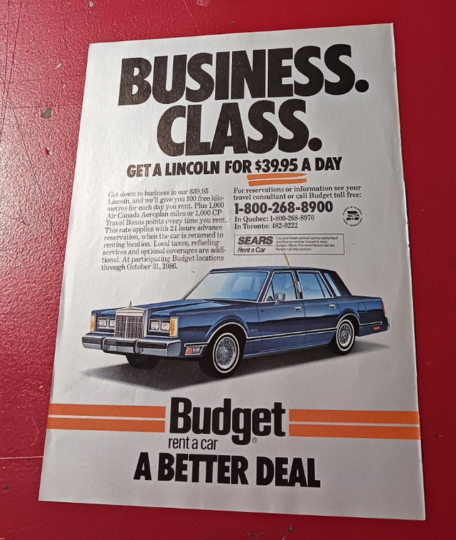 RETRO 1986 BUDGET AD WITH LINCOLN TOWN CAR VINTAGE ANNONCE in Arts & Collectibles in City of Montréal - Image 2