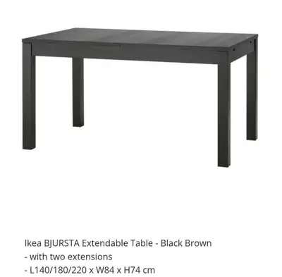 Ikea BJURSTA extendable dinning table in black. We've sat 10 people for family dinners. Taken apart...