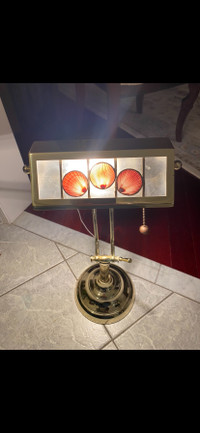 Vintage brass desk/ piano lamp with shell inlaid.