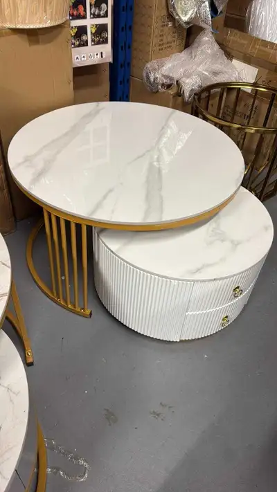 White Marble Coffee Table Set with Gold Legs and Storage Base, View more