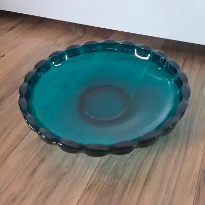 Lovely TEAL GLASS ruffled edge dish (possibly Viking or Norway), View more