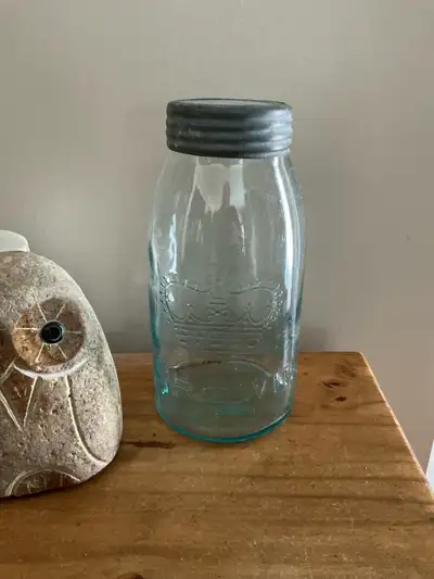 Vintage Large Aqua Color Crown Mason Jar with Lid, View more