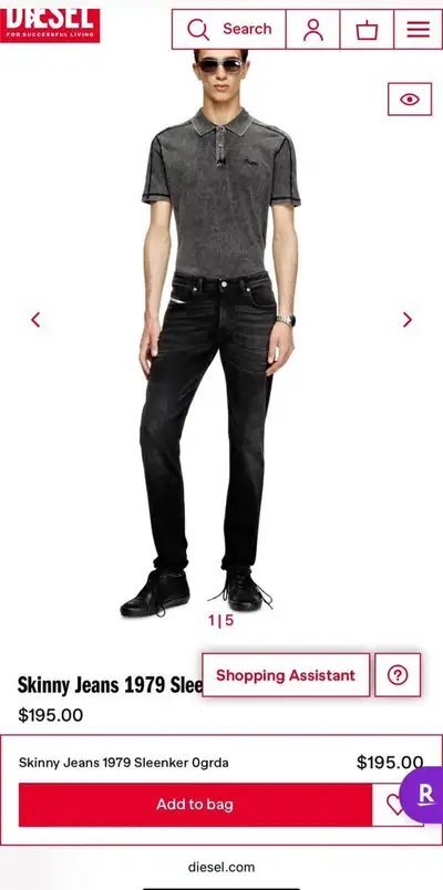Diesel Black Slim Fit Men’s W33/L32 Skinny Jeans, View more