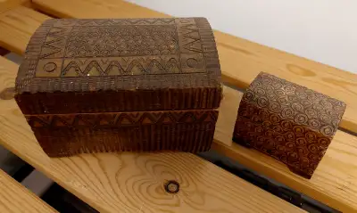 Set of 2 matching hand-carved decorative wooden boxes, View more