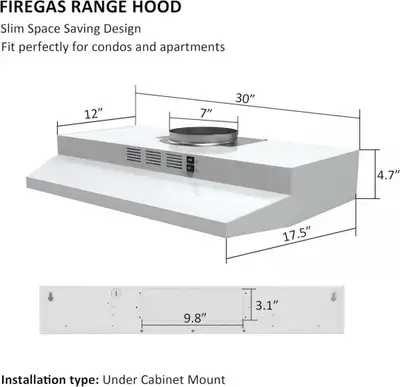 FIREGAS Range Hood 30 inch Under Cabinet, White Painted, View more