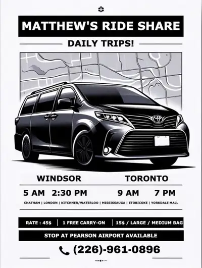 - [ ] ❌MATTHEW’S RideShare ❌ - [ ] 4 Hours Express ❌✈️❌5am and 3pm WINDSOR ↔️ TORONTO 2269610896 ❌✈️...