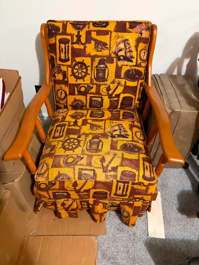Vintage couch (converts flat to sm double bed), & chair. Retro, View more