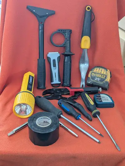 Tools, flashlight, tapes, scrapers, screwdrivers, etc - take all, View more