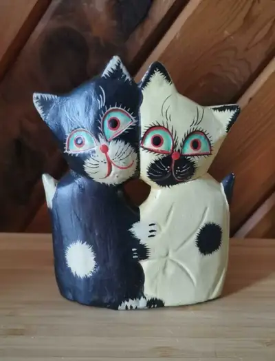 Vintage Hand Carved Hugging Cats Figurine Wooden Folk Art, View more