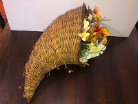 Vintage Large Wicker Horn with Artificial Flowers. 