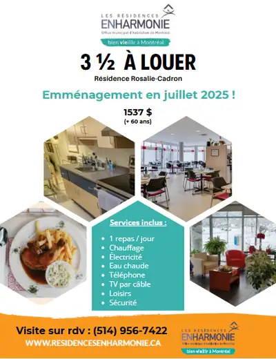 3 ½  À LOUER | JUILLET 2025 | +60 | Résidence Rosalie-Cadron