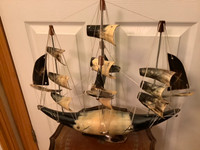 Hand Crafted Cow Horn Schooner Sailboat Three Masts Eleven Sails