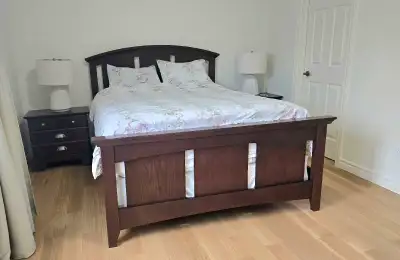 Solid Oak Wood Queen Bedroom Set - Bed, Nightstands, and Dresser, View more
