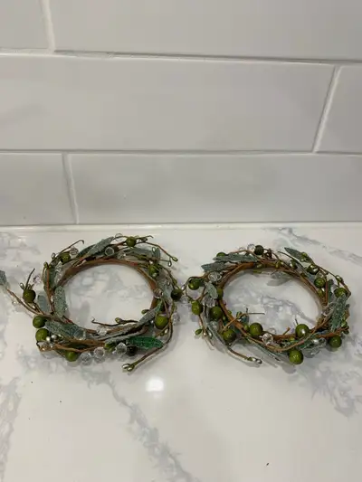 Selling 2 Christmas candle rings - glass beads - natural looking leaves and vibes In like new condit...