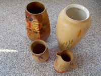 Lot of 4 Hand Painted Vintage Clay Vases and milk pitcher