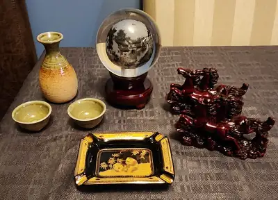 Painted Glass Globe on Wood Stand 5in x 7in Tall Gold Plated Panda Ashtray Pair of Carved Resin Hors...