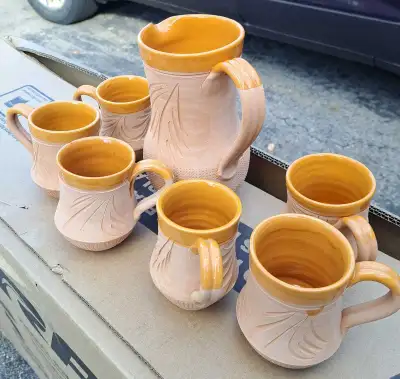 Vintage European Handmade Terracotta Wine Set – 6 Cups & Jug, View more