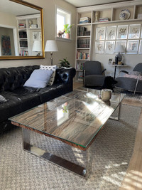 Elte reclaimed wood coffee table juxtaposed with modern chrome 