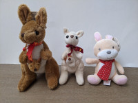 3 stuffies kangaroos, bunny
