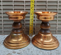 Vintage  pair of copper and wood candle holders