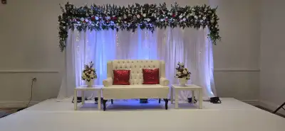 Backdrops Centerpieces Cake table, lights, and candle stand available Fresh flowers Wedding bouquets...