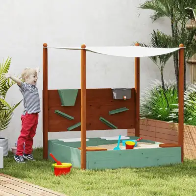 Wooden Kids Sandbox with Canopy, Sand Wall, Bottom Liner, for 3-6 Years, 46" x 44" W x 50", Green •...